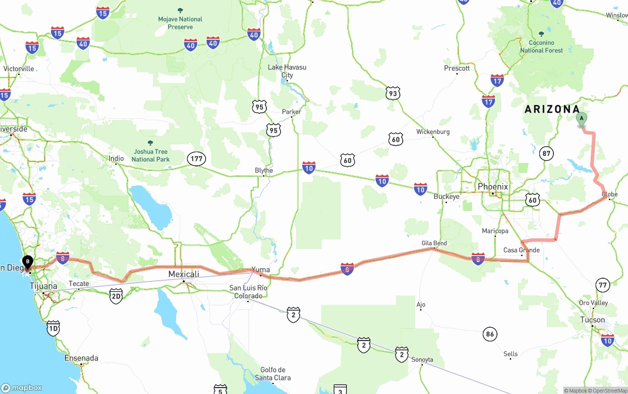 Shipping route from Arizona to San Diego International Airport