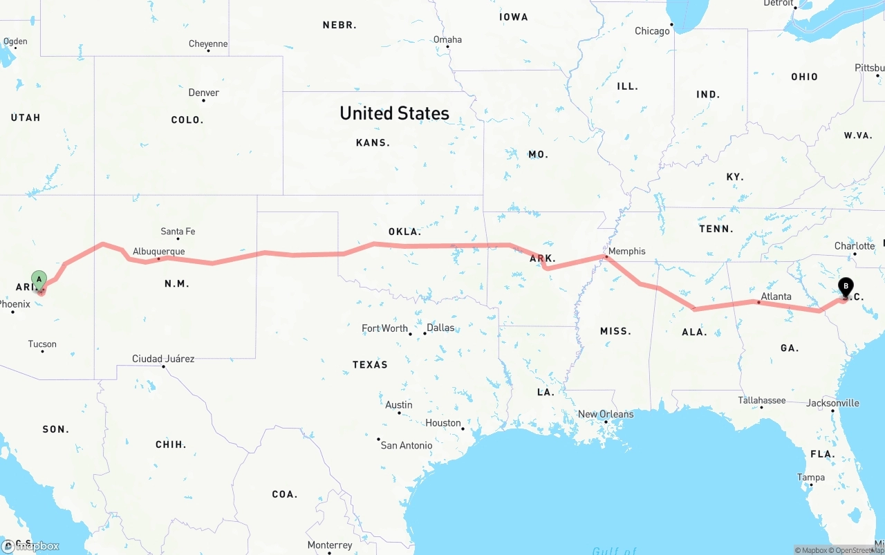 Shipping route from Arizona to South Carolina