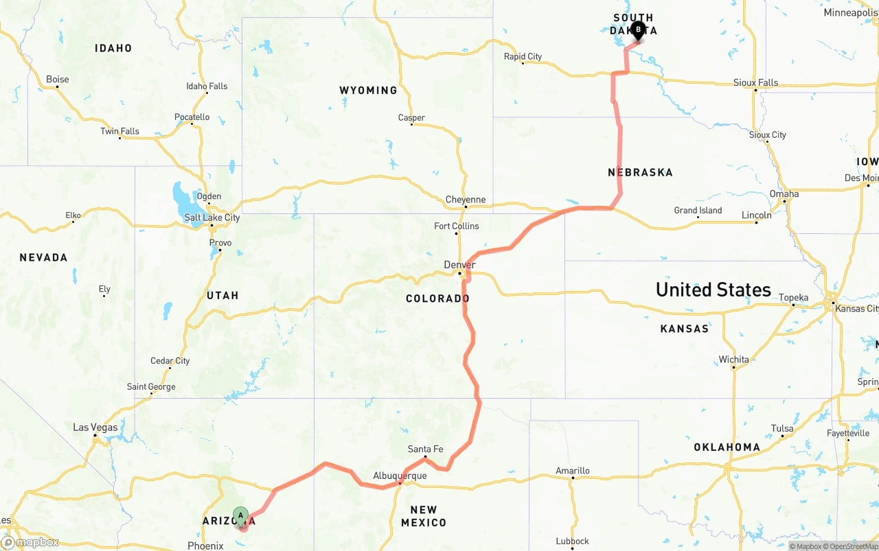 Shipping route from Arizona to South Dakota