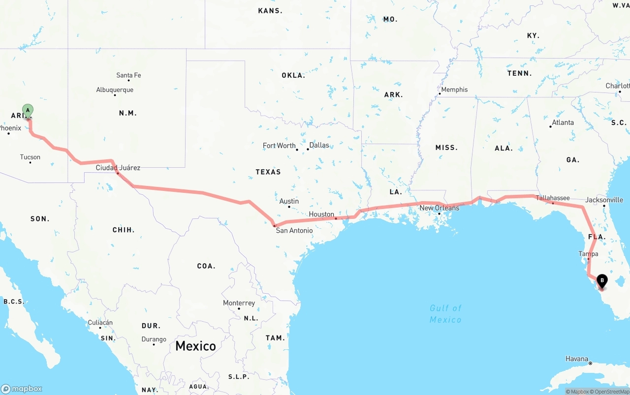 Shipping route from Arizona to Southwest Florida International Airport