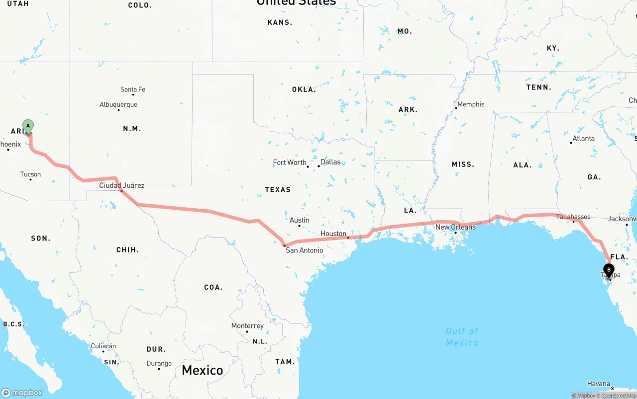 Shipping route from Arizona to Tampa International Airport