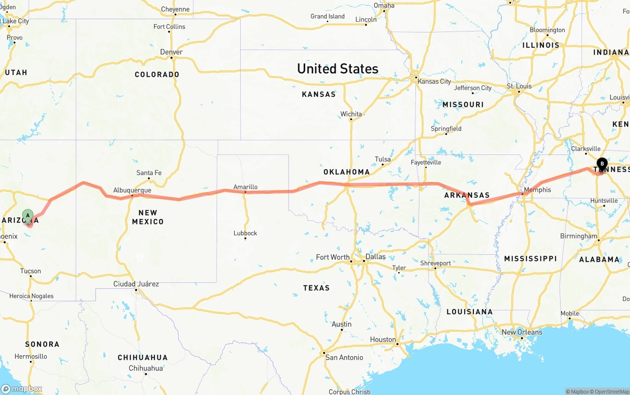 Shipping route from Arizona to Tennessee