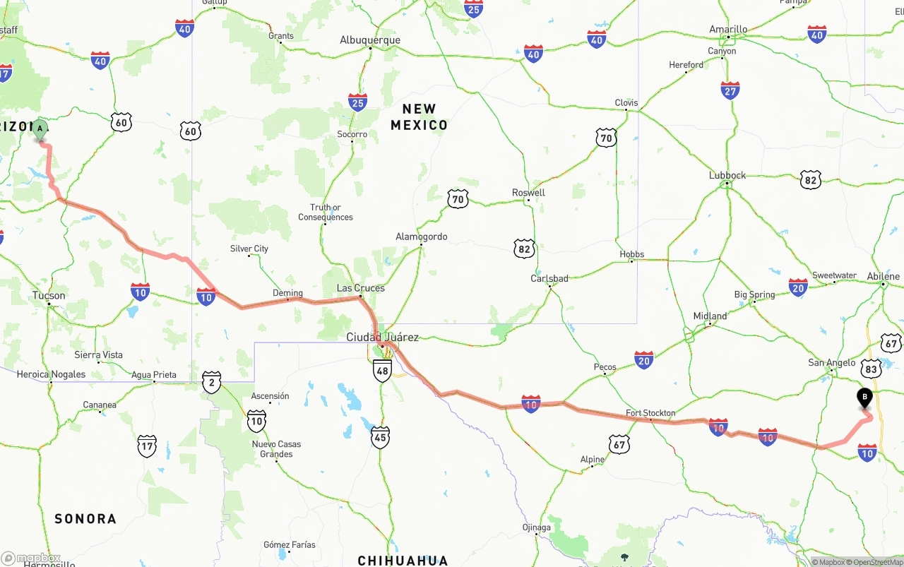 Shipping route from Arizona to Texas