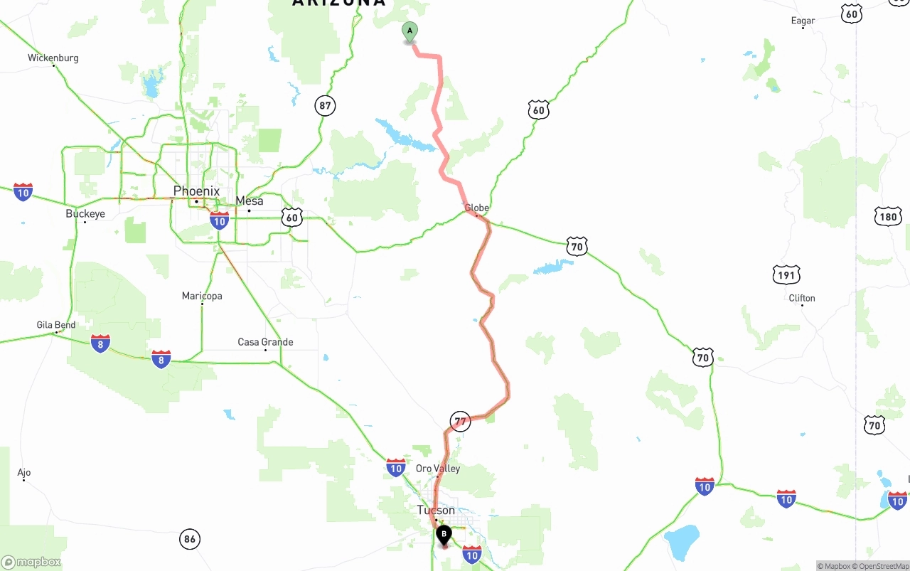 Shipping route from Arizona to Tucson International Airport