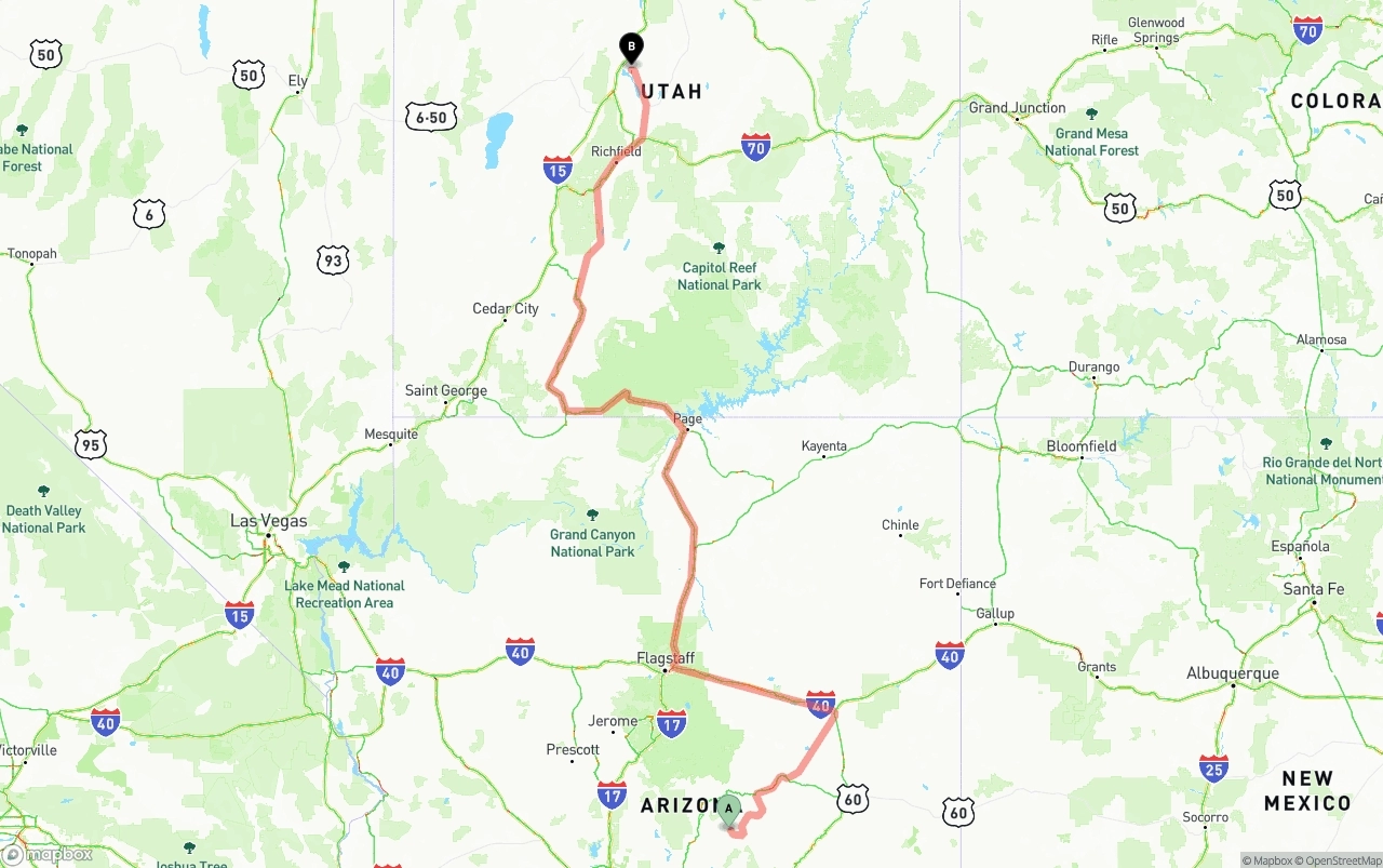 Shipping route from Arizona to Utah