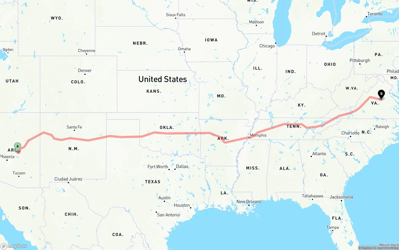 Shipping route from Arizona to Virginia