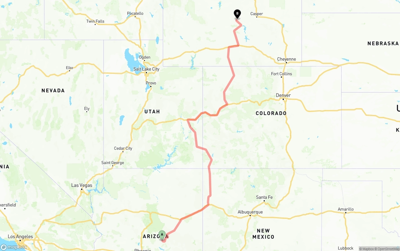 Shipping route from Arizona to Wyoming