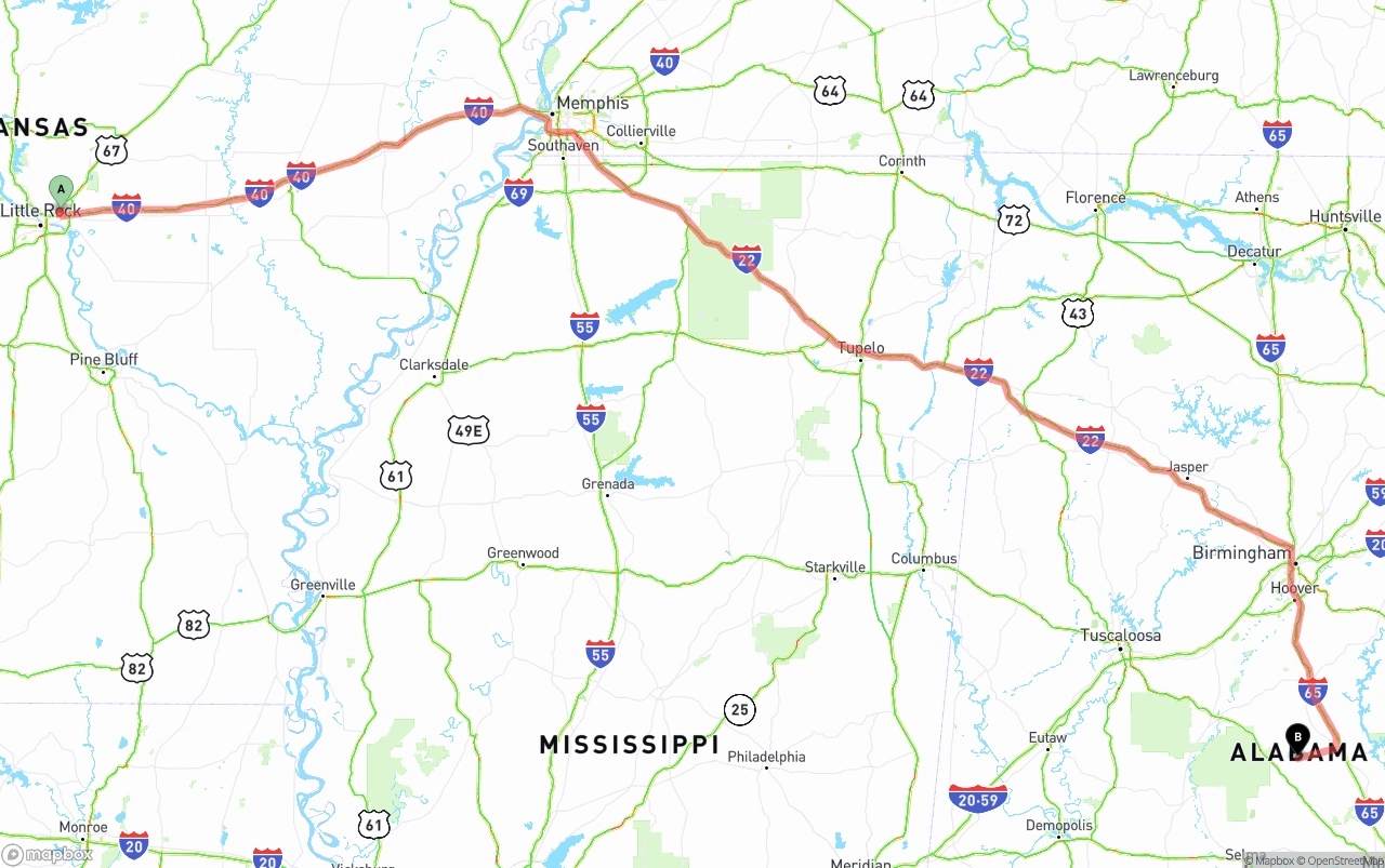 Shipping route from Arkansas to Alabama