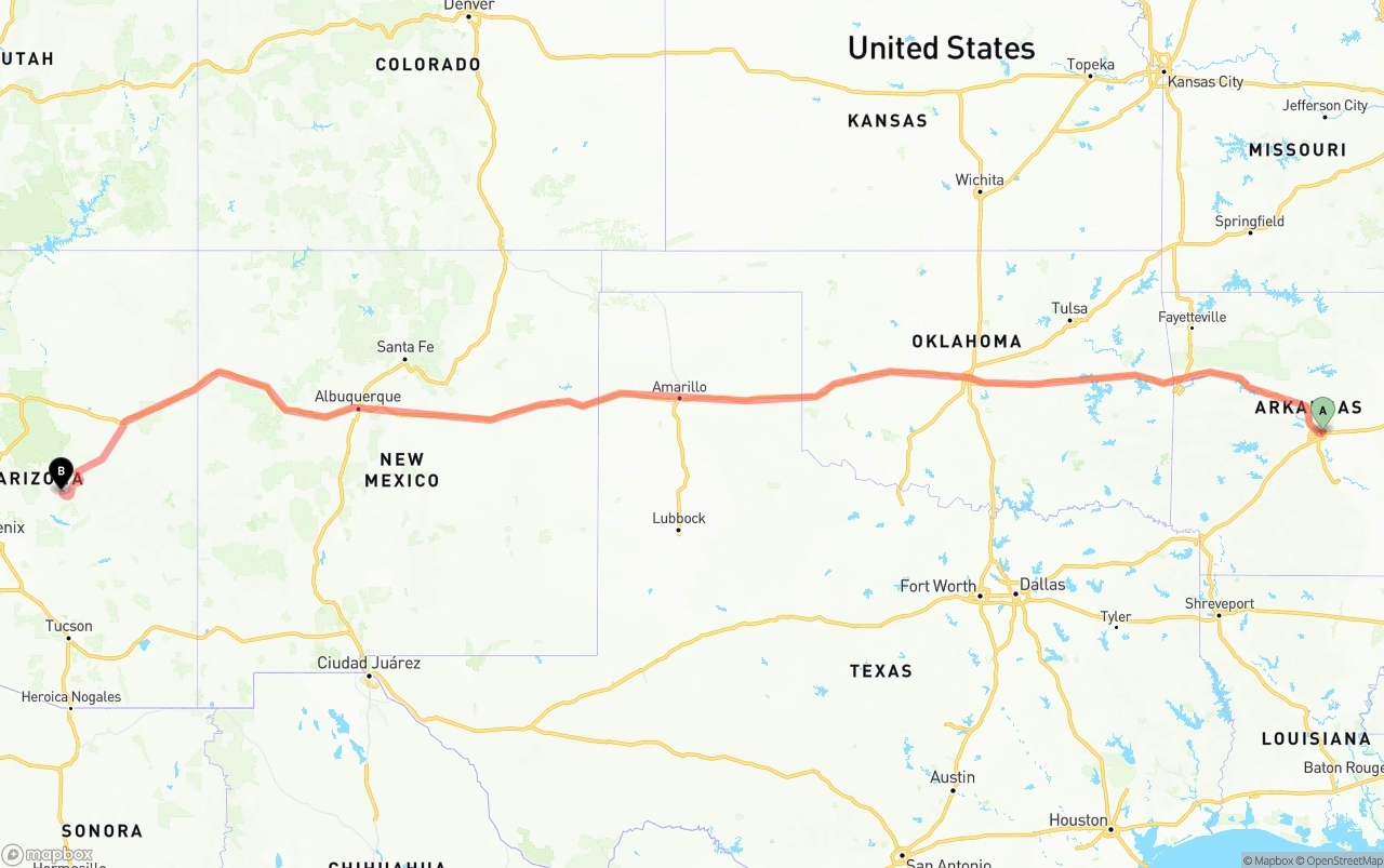 Shipping route from Arkansas to Arizona