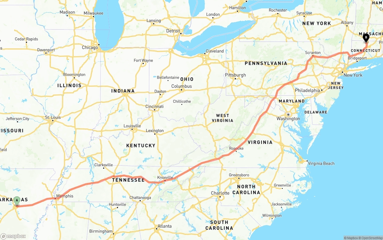 Shipping route from Arkansas to Bradley International Airport