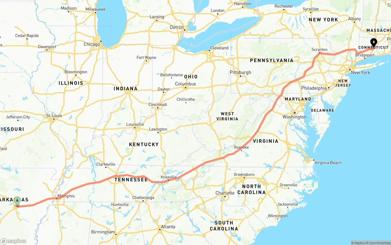 Shipping route from Arkansas to Connecticut