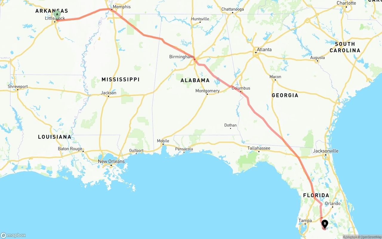 Shipping route from Arkansas to Florida