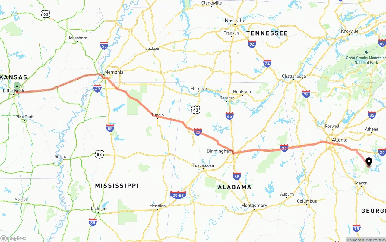 Shipping route from Arkansas to Georgia