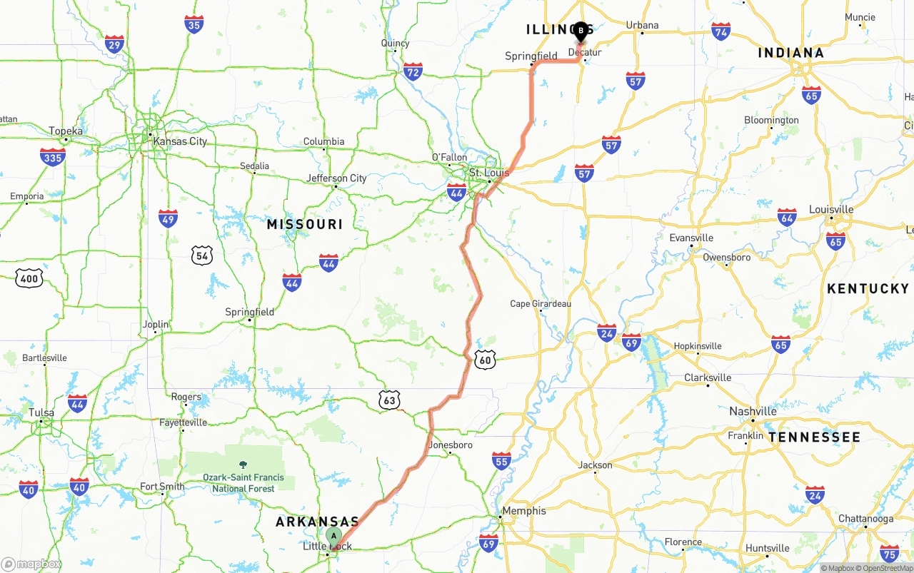 Shipping route from Arkansas to Illinois