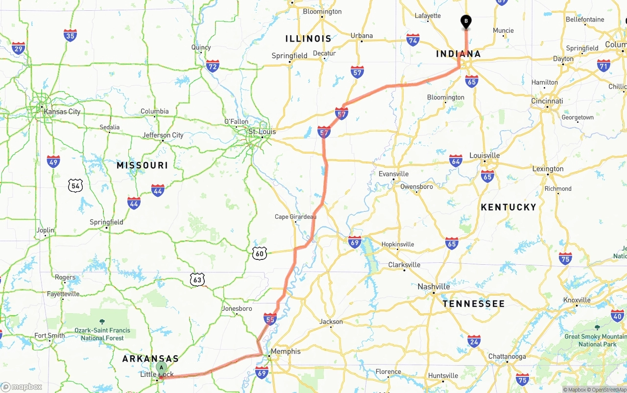 Shipping route from Arkansas to Indiana