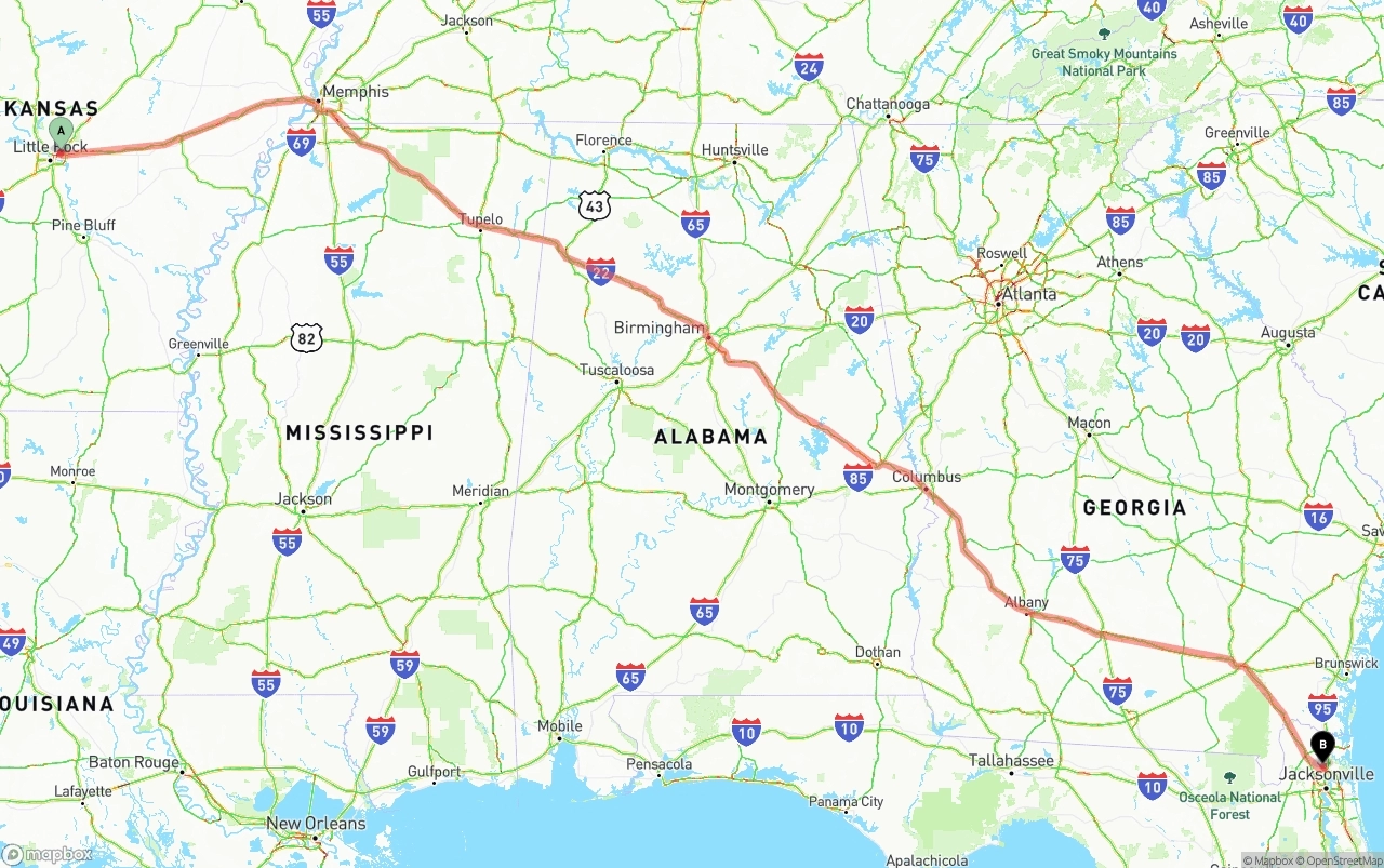 Shipping route from Arkansas to Jacksonville International Airport