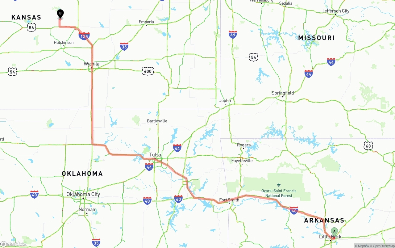 Shipping route from Arkansas to Kansas