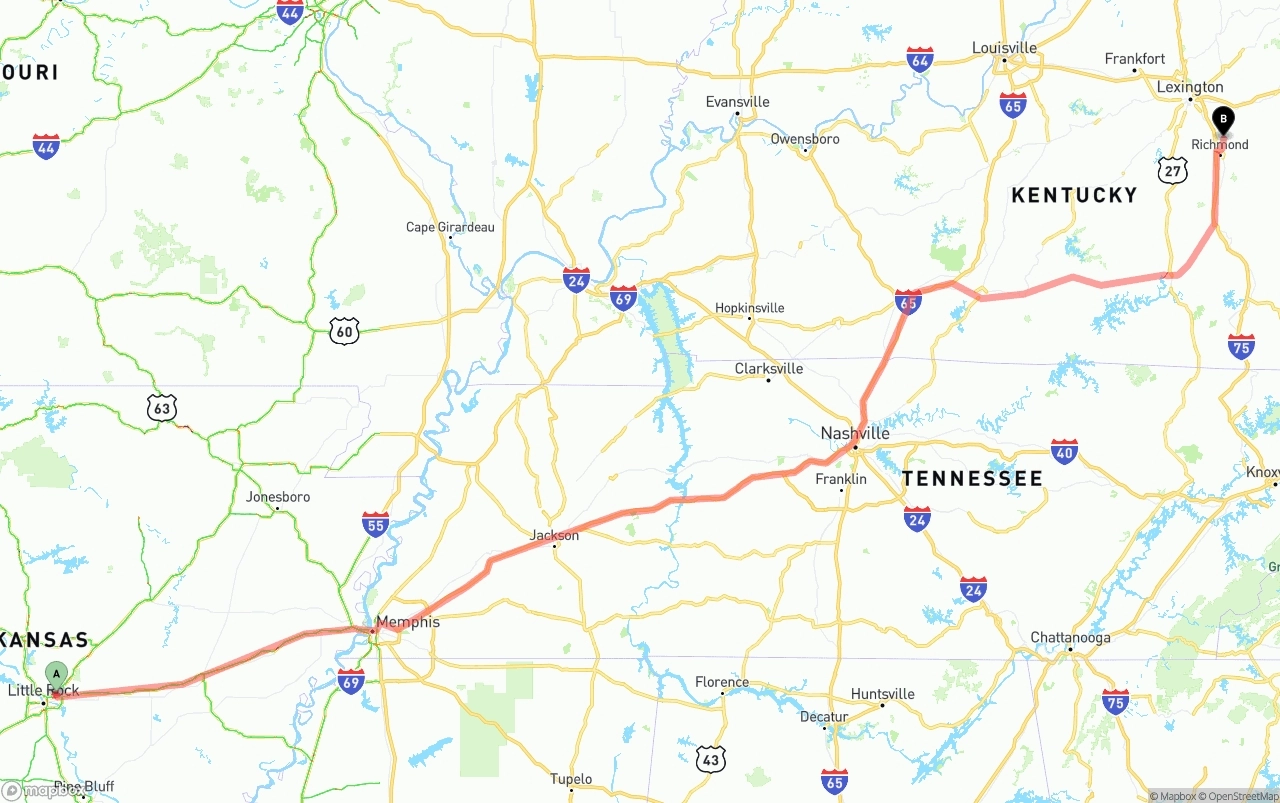 Shipping route from Arkansas to Kentucky