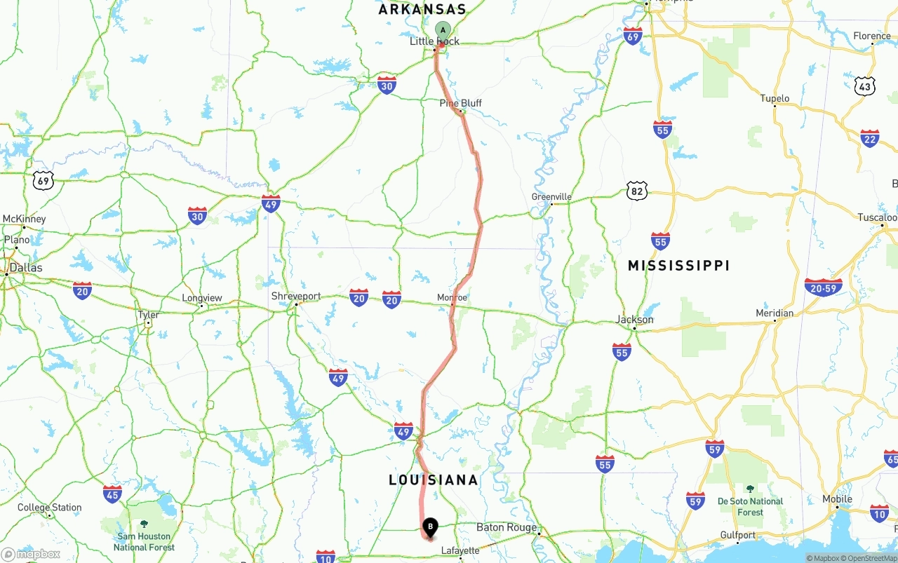 Shipping route from Arkansas to Louisiana