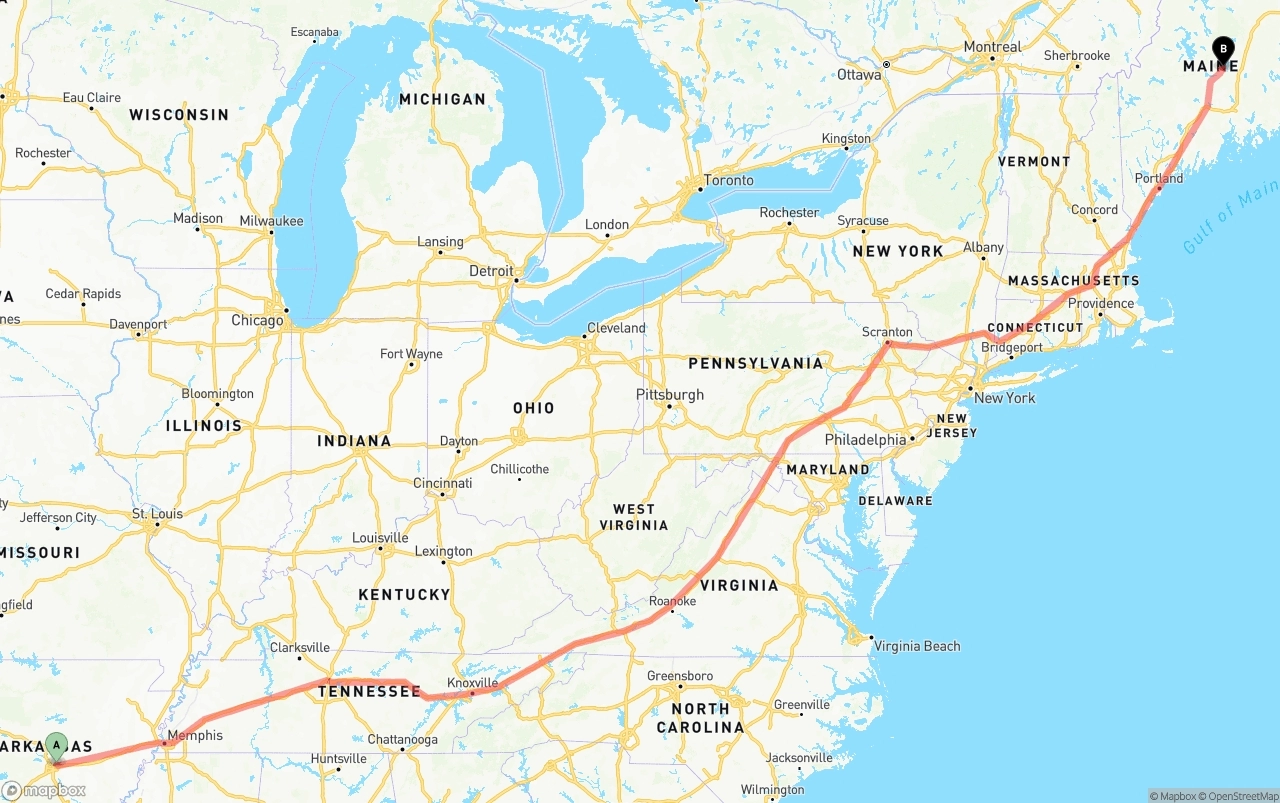 Shipping route from Arkansas to Maine