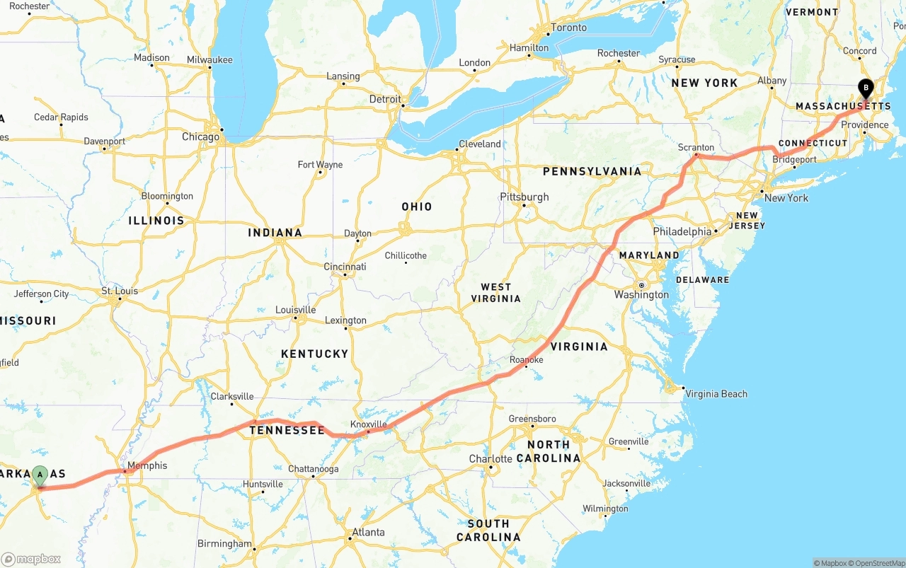 Shipping route from Arkansas to Massachusetts