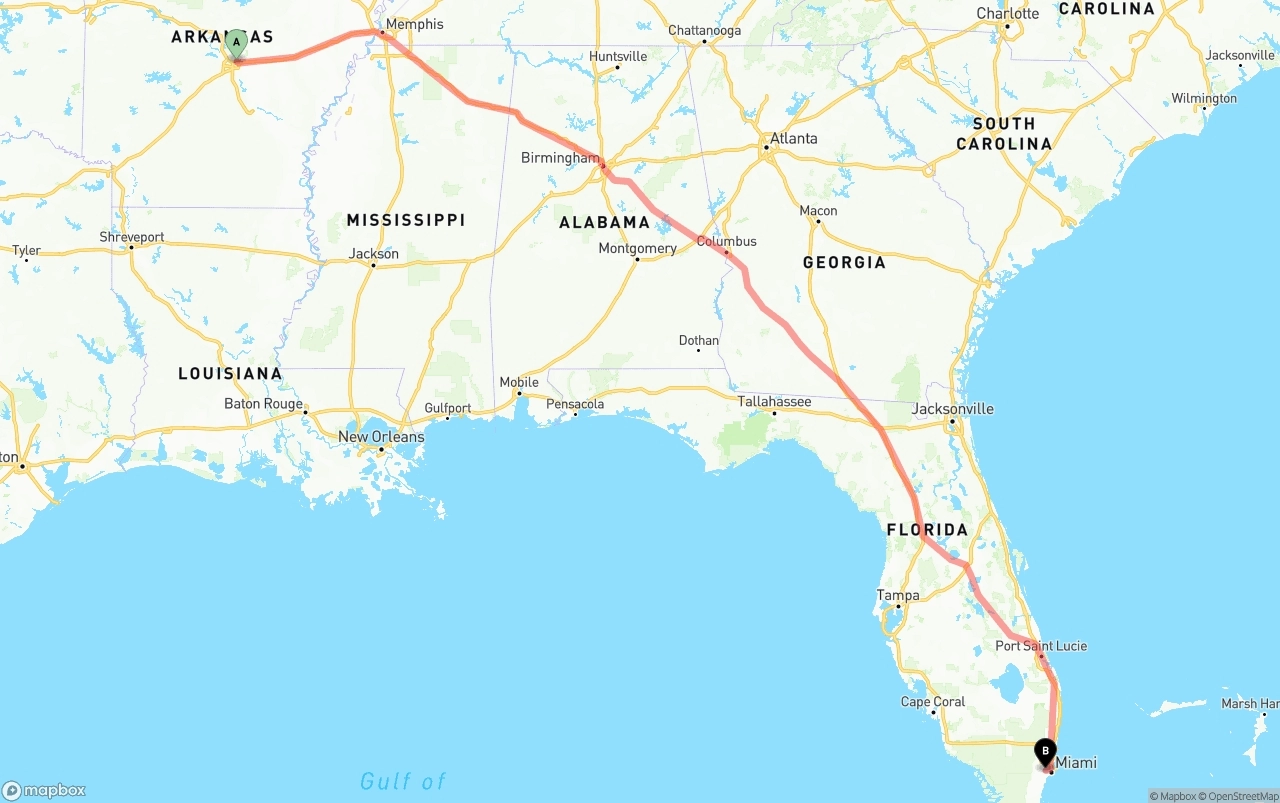 Shipping route from Arkansas to Miami International Airport