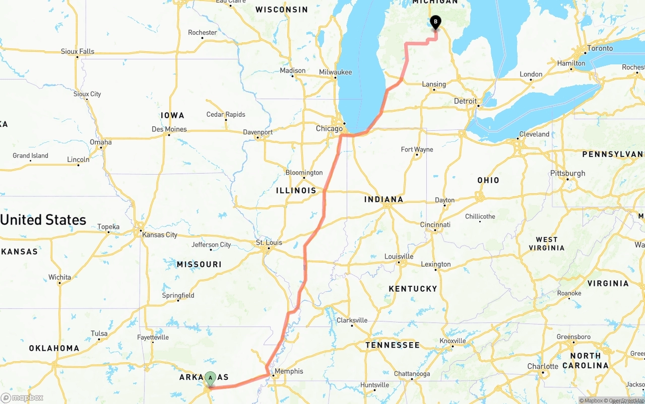 Shipping route from Arkansas to Michigan