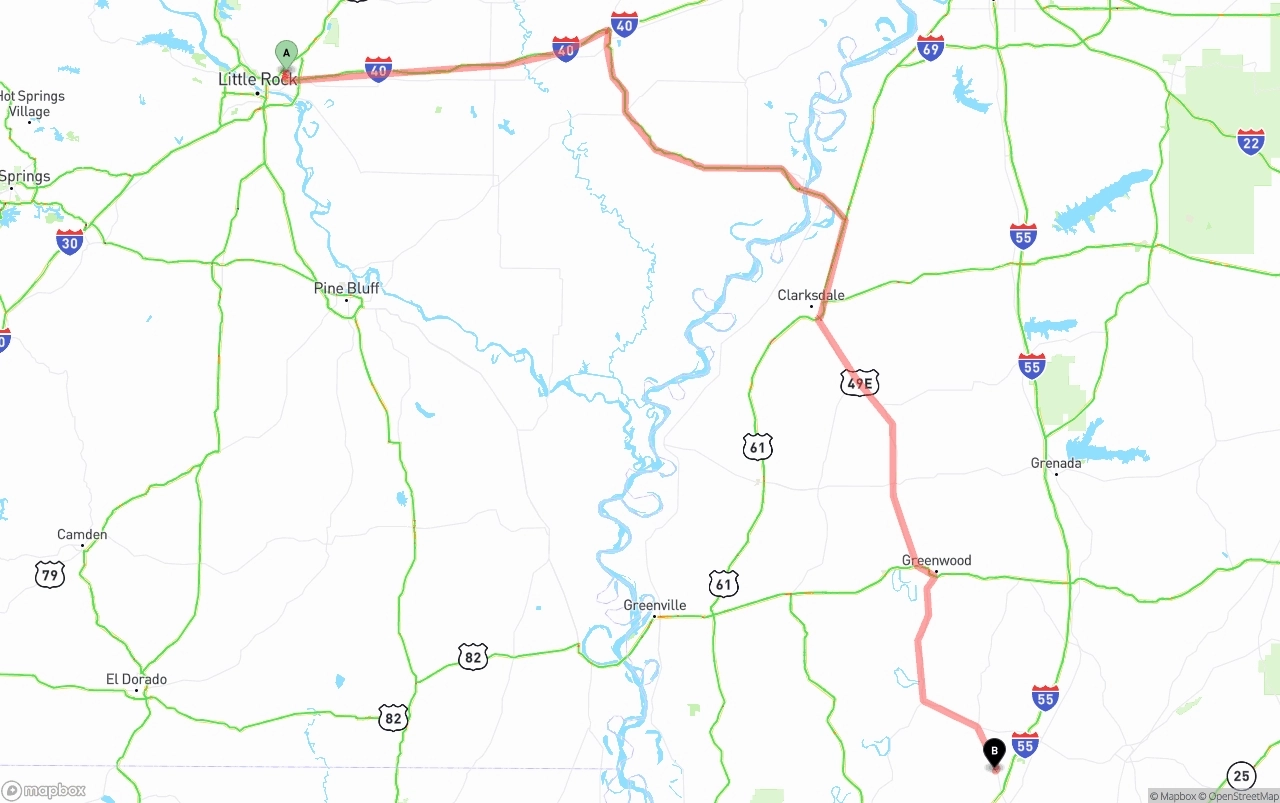 Shipping route from Arkansas to Mississippi