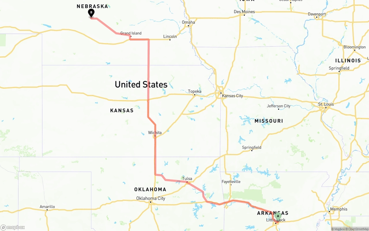 Shipping route from Arkansas to Nebraska
