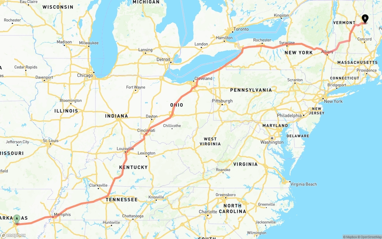 Shipping route from Arkansas to New Hampshire