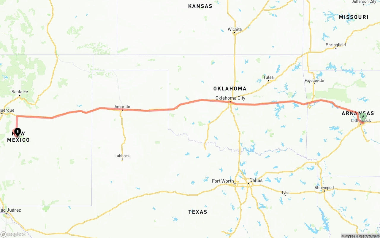 Shipping route from Arkansas to New Mexico