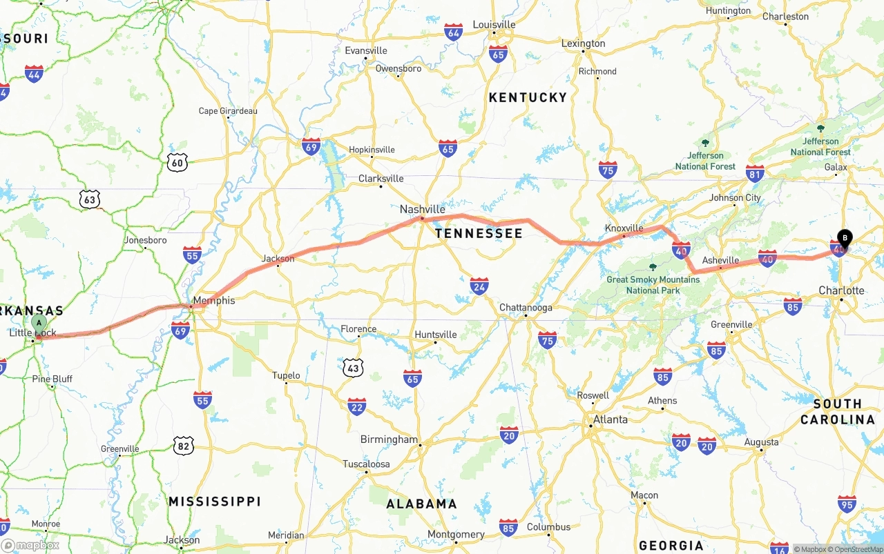 Shipping route from Arkansas to North Carolina