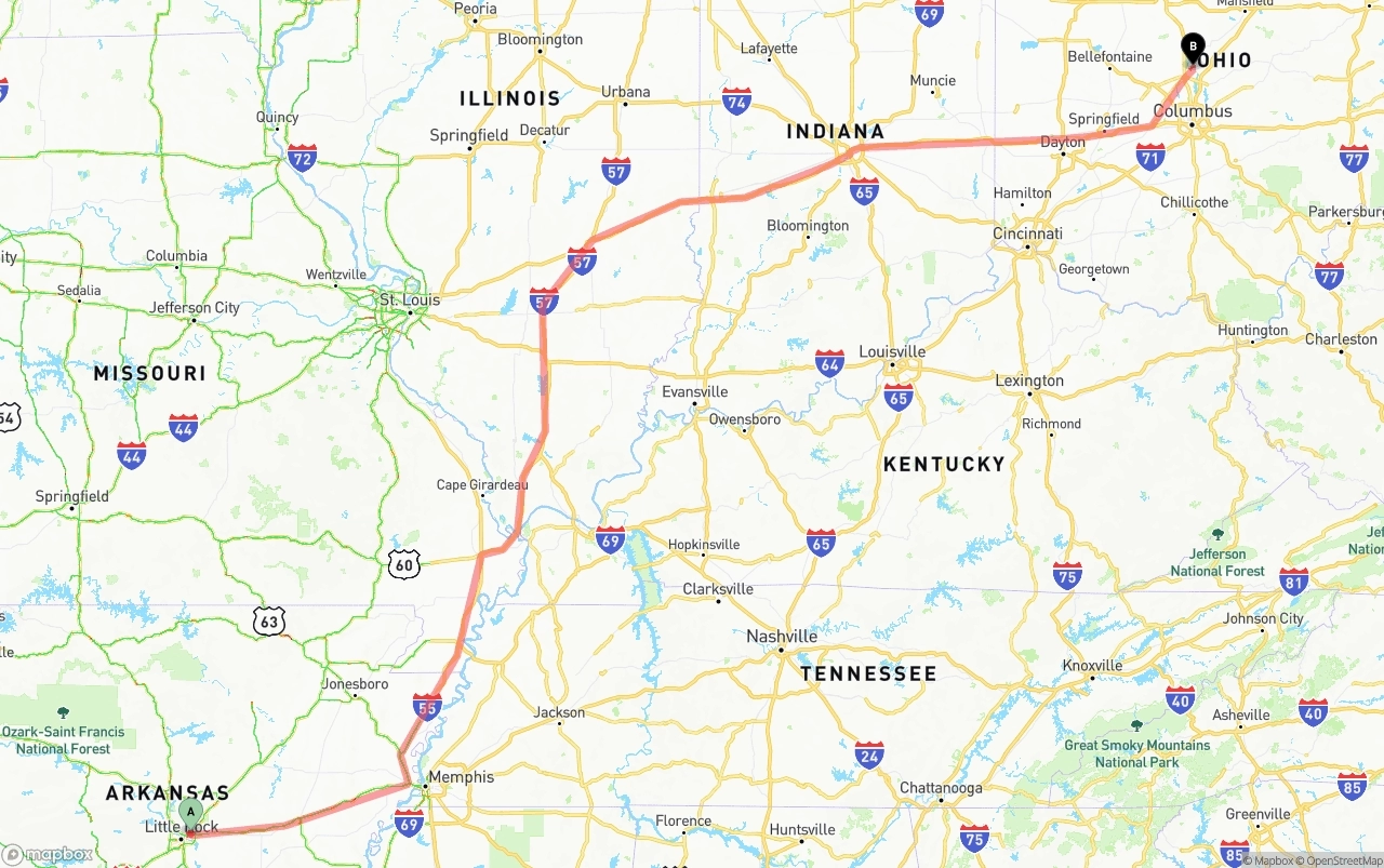 Shipping route from Arkansas to Ohio