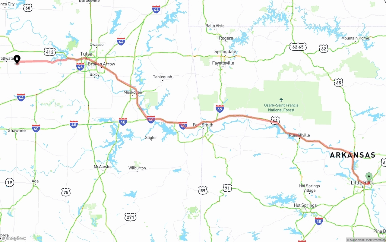 Shipping route from Arkansas to Oklahoma