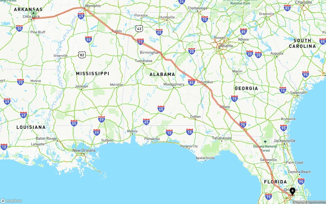 Shipping route from Arkansas to Orlando International Airport