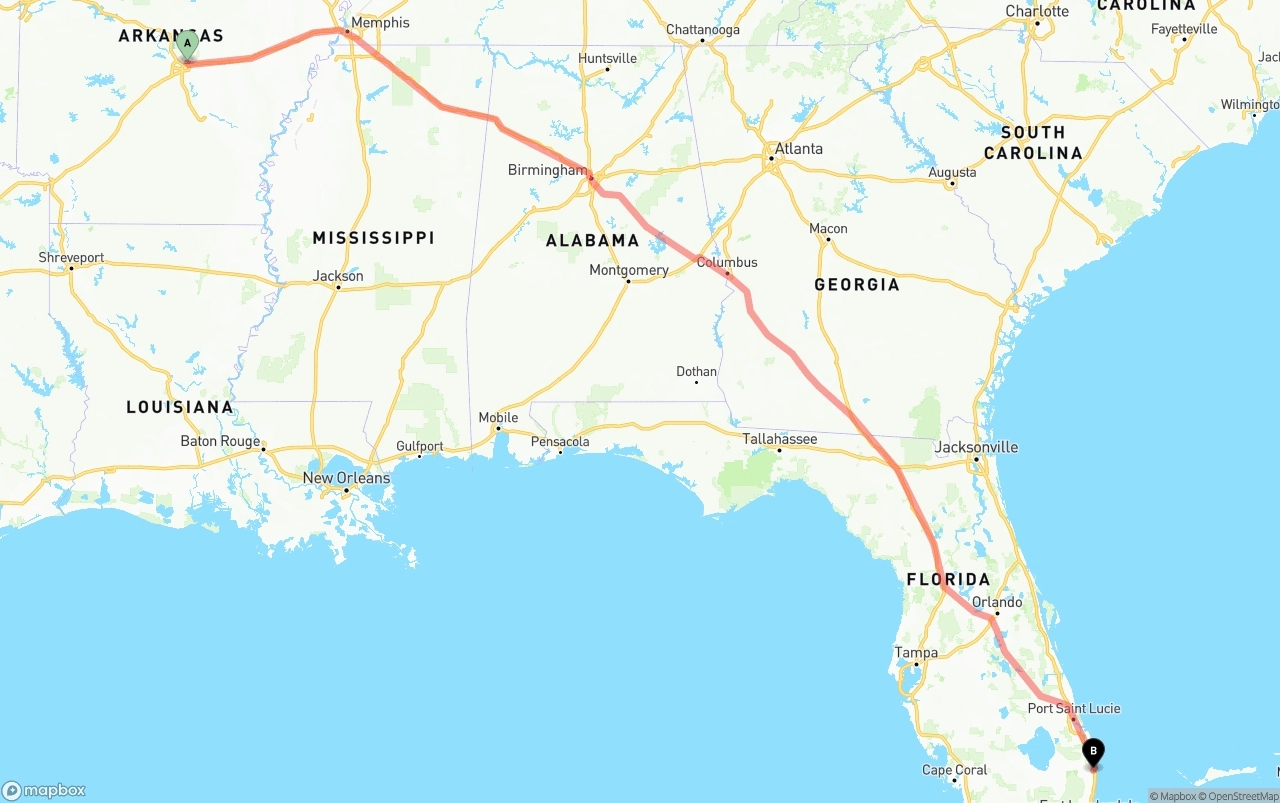 Shipping route from Arkansas to Palm Beach International Airport