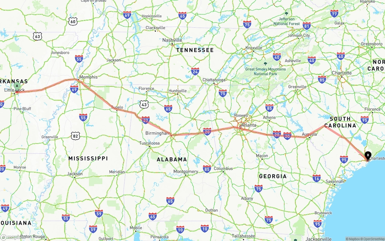 Shipping route from Arkansas to Port of Charleston