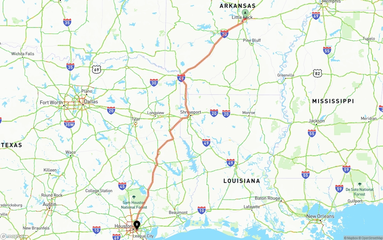 Shipping route from Arkansas to Port of Houston