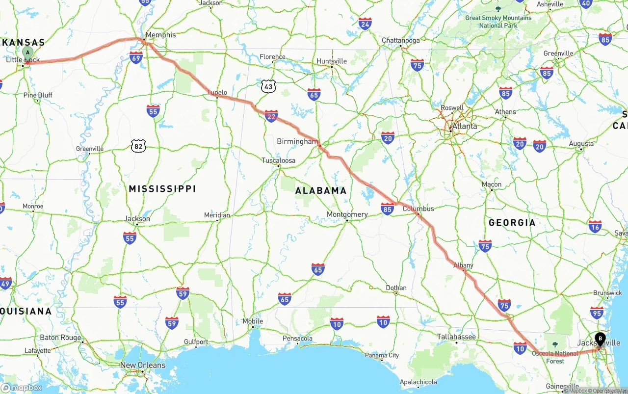 Shipping route from Arkansas to Port of Jacksonville