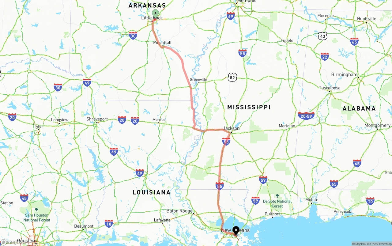 Shipping route from Arkansas to Port of New Orleans