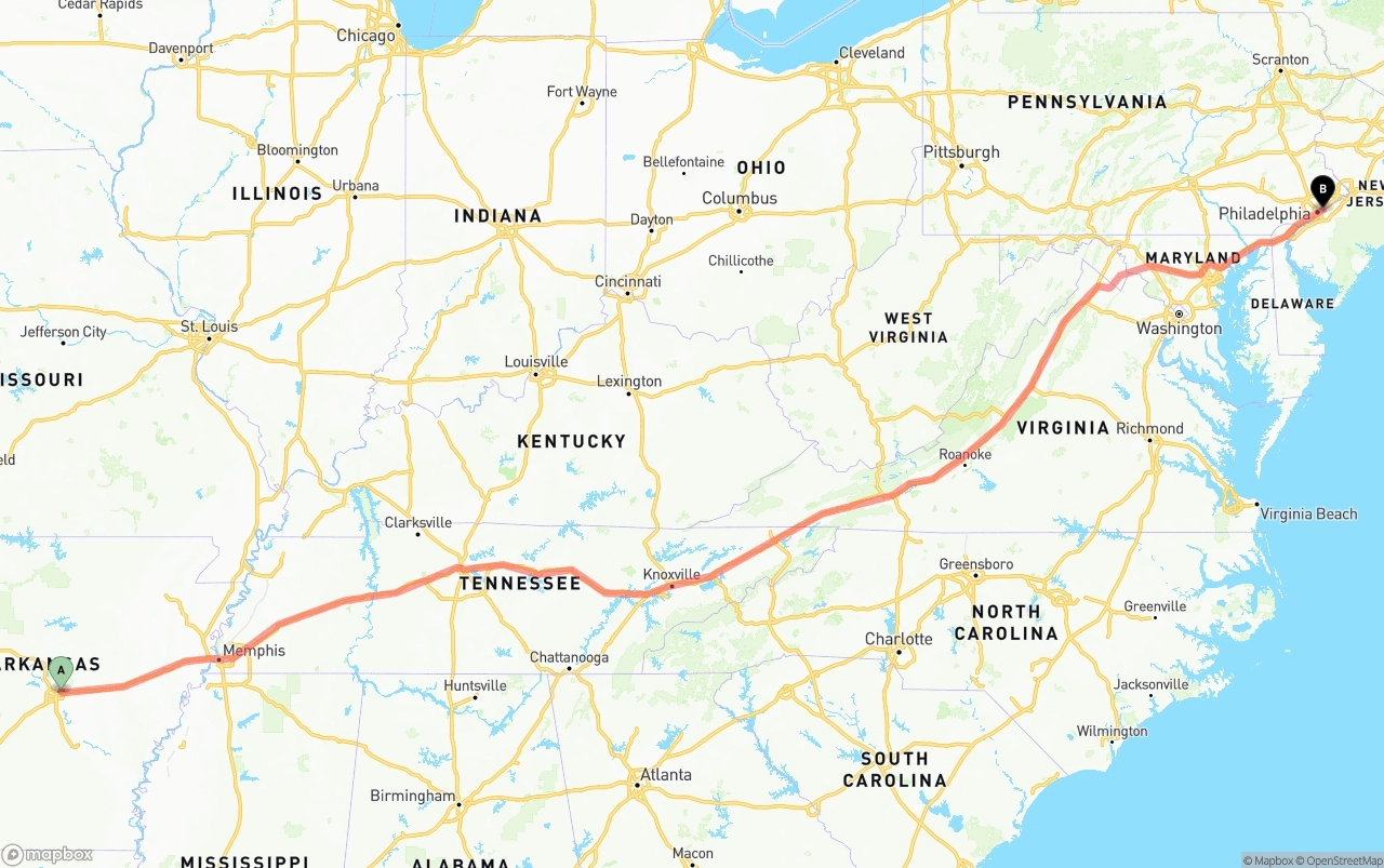 Shipping route from Arkansas to Port of Philadelphia