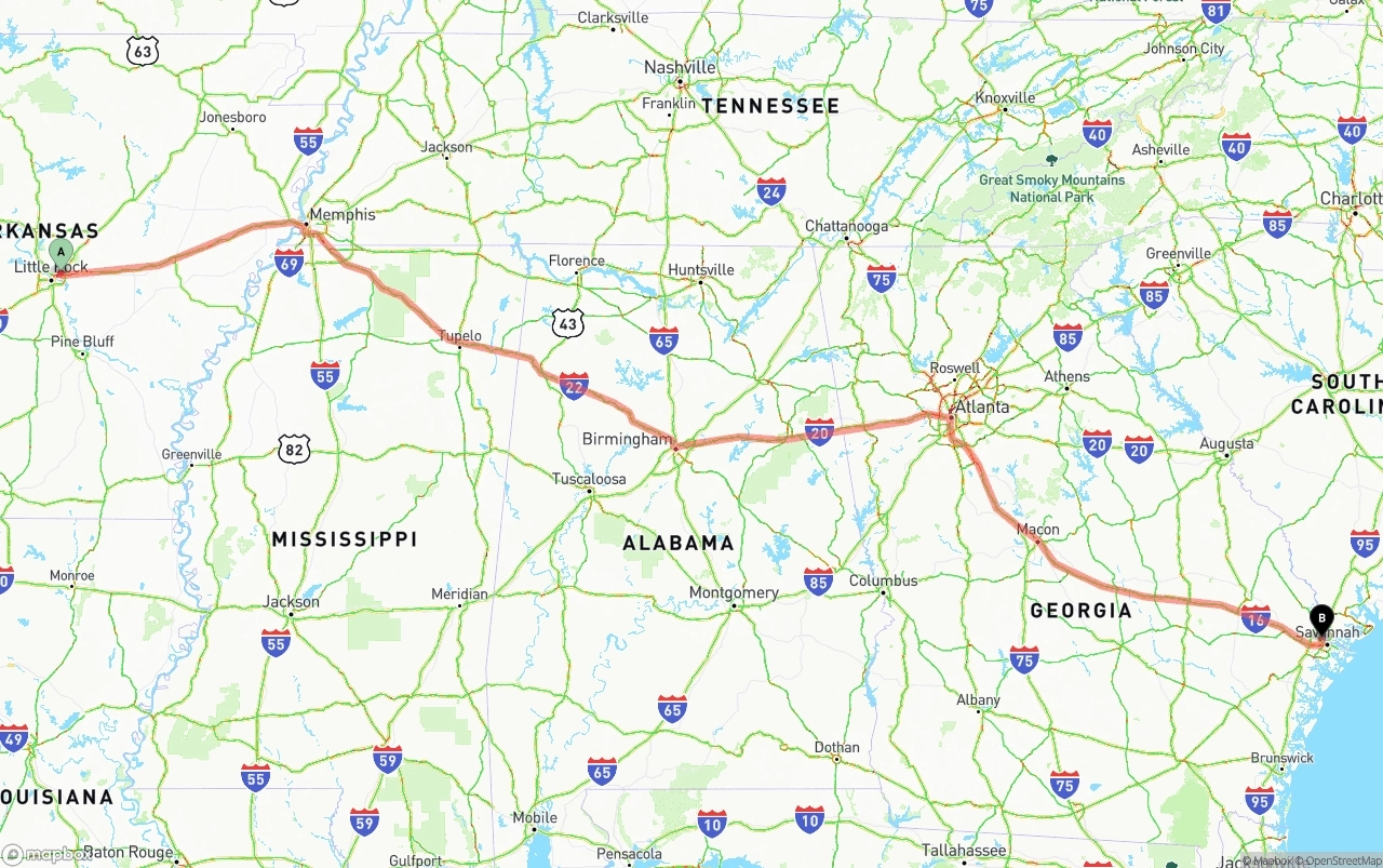 Shipping route from Arkansas to Port of Savannah