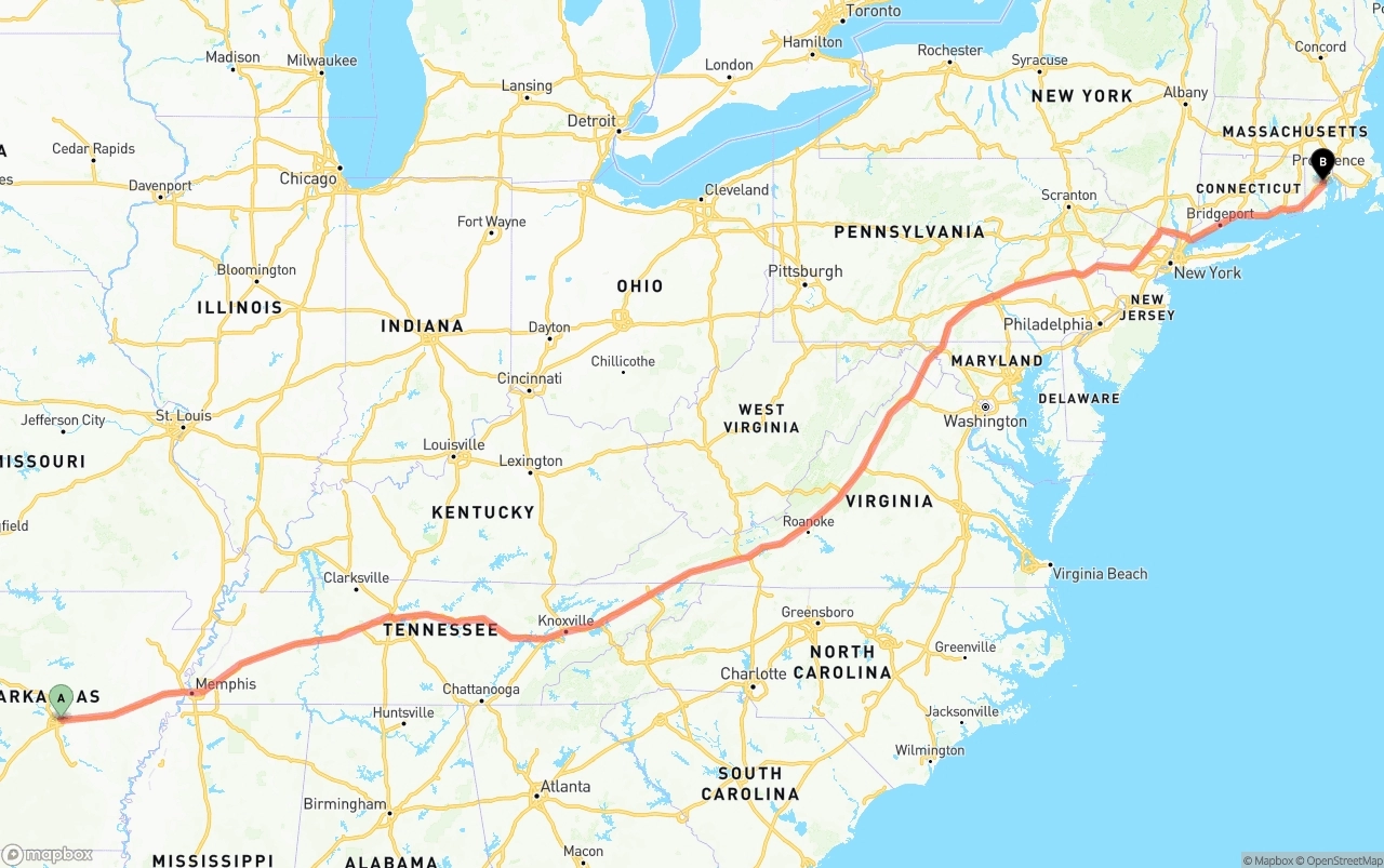 Shipping route from Arkansas to Rhode Island