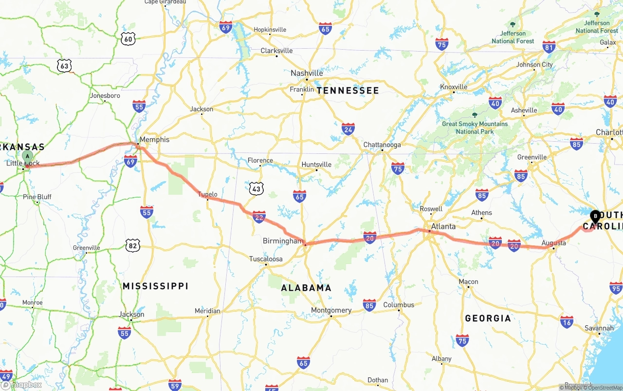 Shipping route from Arkansas to South Carolina