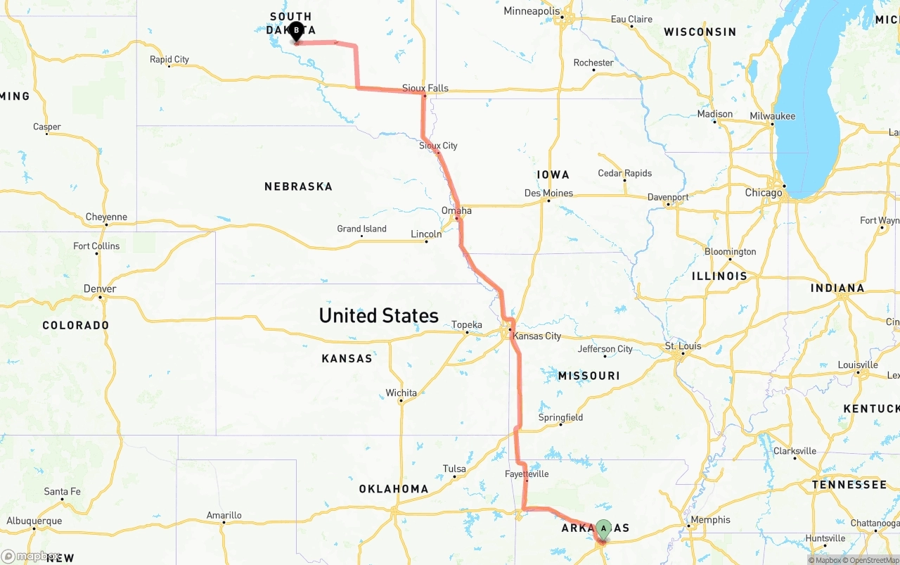 Shipping route from Arkansas to South Dakota