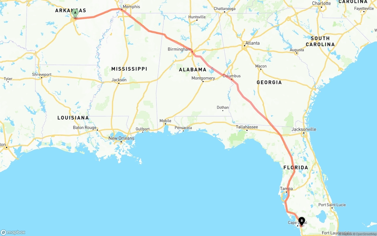 Shipping route from Arkansas to Southwest Florida International Airport
