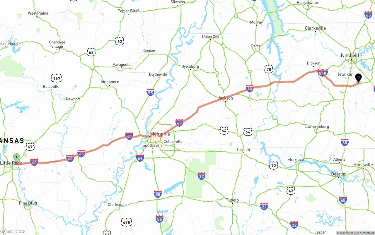 Shipping route from Arkansas to Tennessee