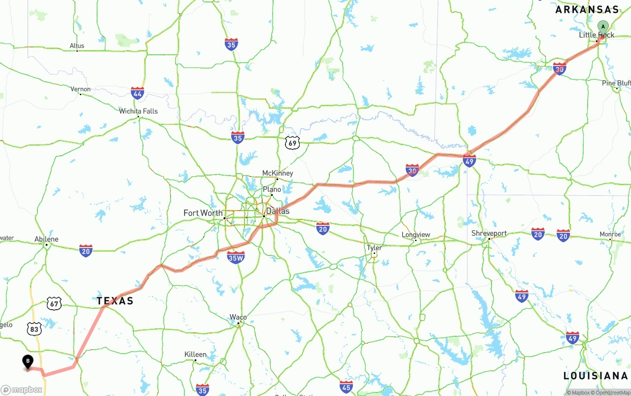 Shipping route from Arkansas to Texas