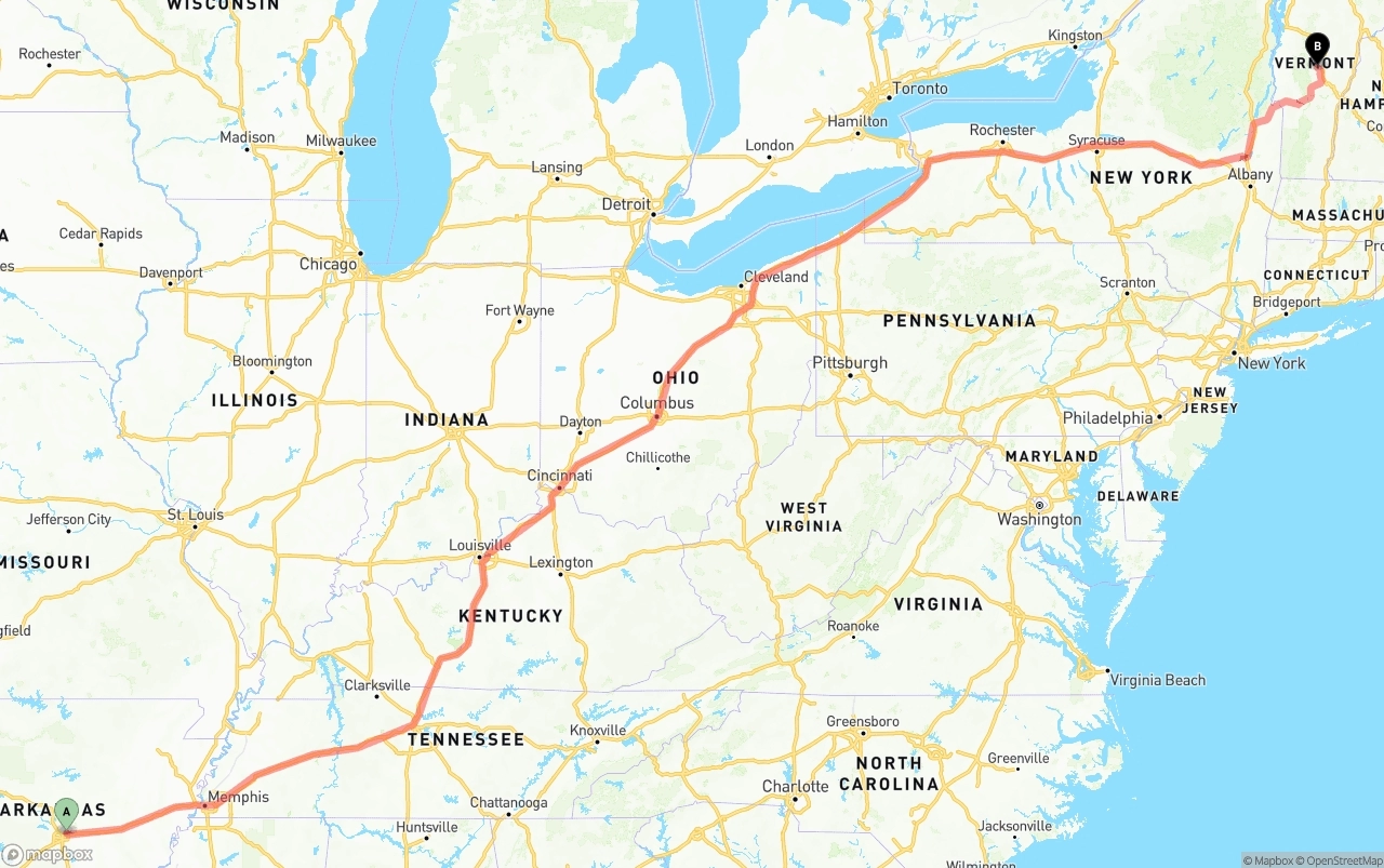 Shipping route from Arkansas to Vermont