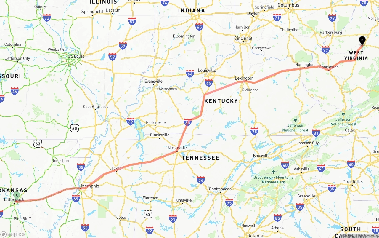 Shipping route from Arkansas to West Virginia